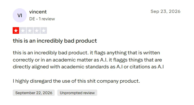 One star Trustpilot review saying GPTZero flags academic writing and citations as AI