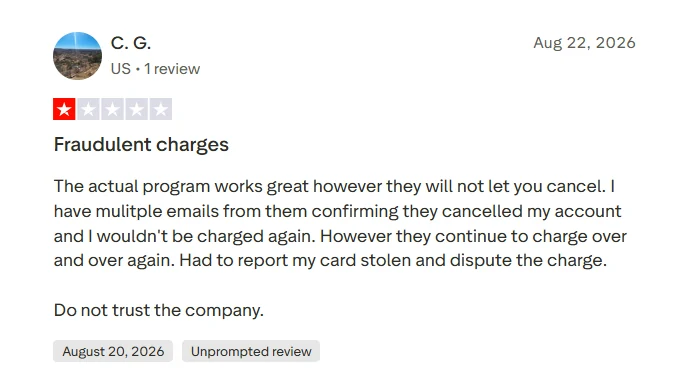One star Trustpilot review saying GPTZero charges continued after cancellation emails