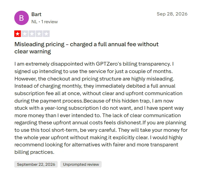 One star Trustpilot review saying GPTZero charged a full annual fee at once without clear warning