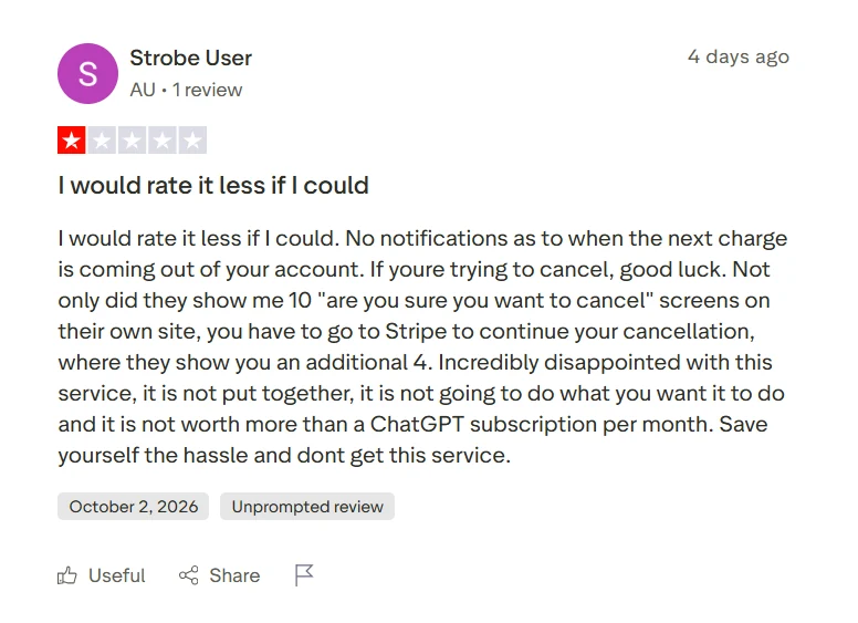 One star Trustpilot review describing many confirmation screens and no renewal notice when cancelling GPTZero