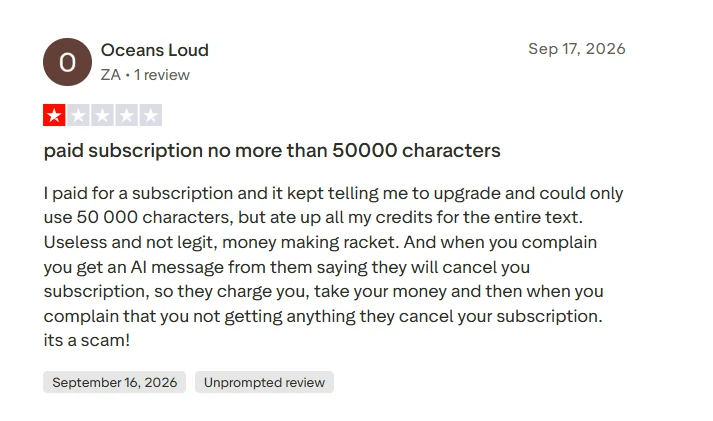 One star Trustpilot review about GPTZero plan limits using up credits and repeated upgrade prompts