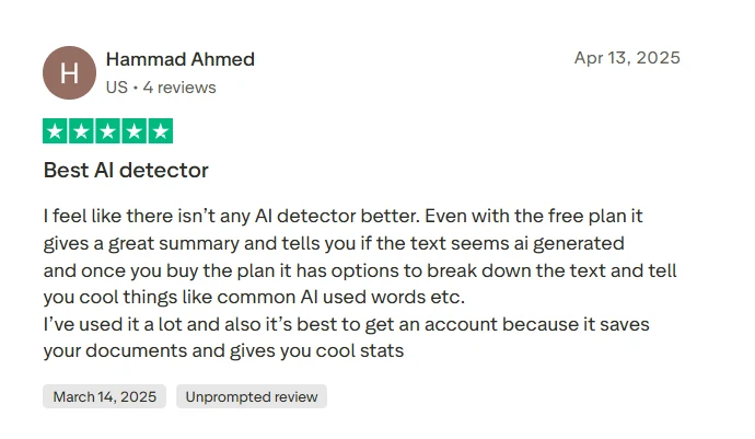 Five star Trustpilot review calling GPTZero the best AI detector and praising the free plan summary