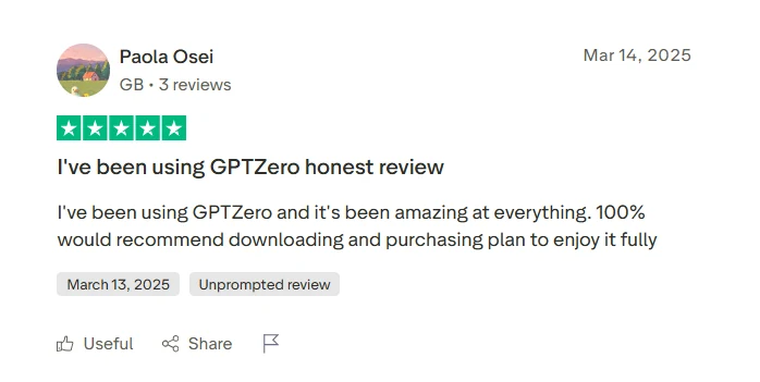 Five star Trustpilot review recommending GPTZero and buying a plan to enjoy it fully