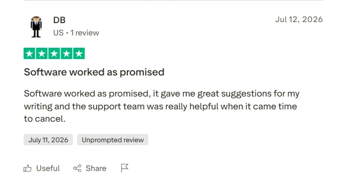 Five star Trustpilot review saying GPTZero worked as promised and support helped with cancelling