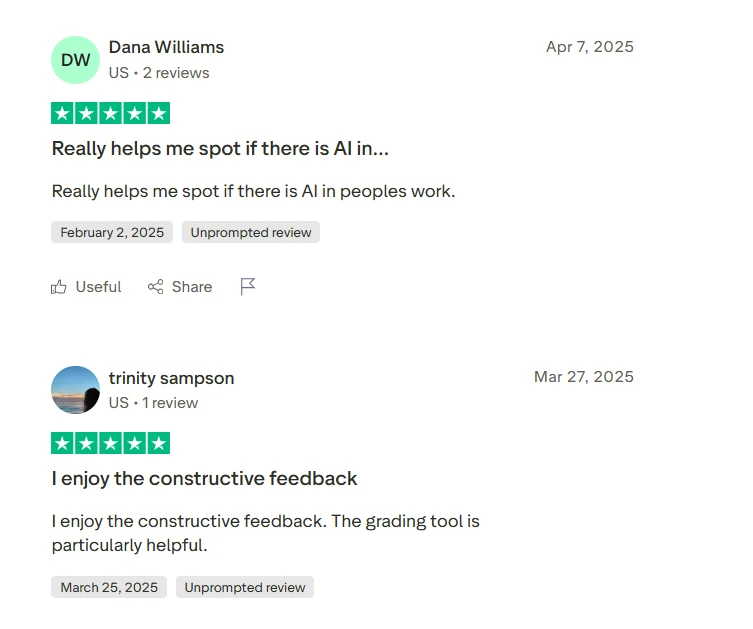 Two five star Trustpilot reviews of GPTZero about spotting AI and getting constructive feedback