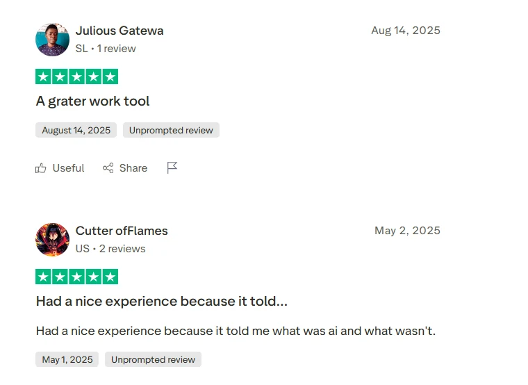 Two five star Trustpilot reviews of GPTZero praising it as a useful work tool
