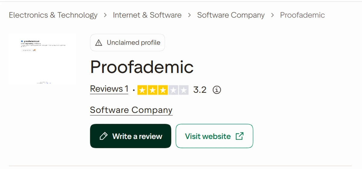 Trustpilot page for Proofademic showing an unclaimed profile with one review and a 3.2 rating