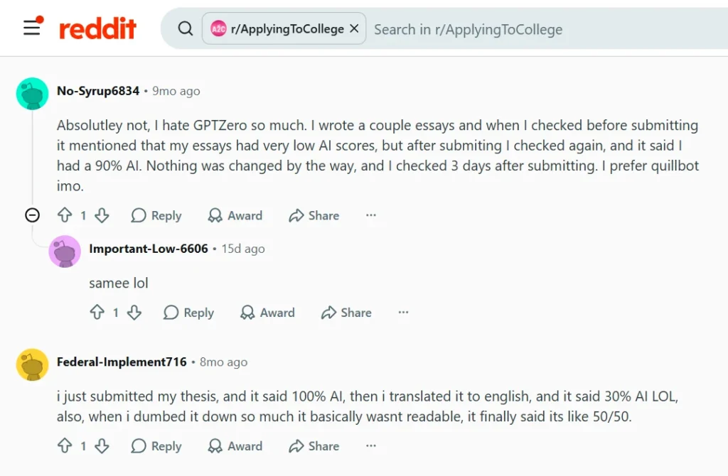 Reddit comments about GPTZero scores changing from low to 90 percent AI after submission and after translation