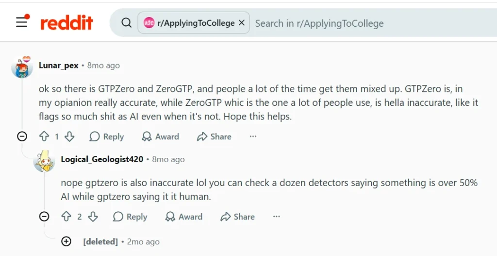 Reddit thread where students debate GPTZero and ZeroGPT accuracy and point out the two tools are different