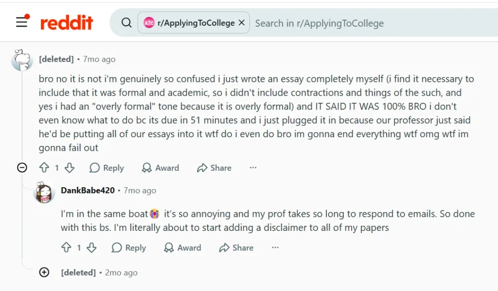 Reddit post from a student whose self written formal essay was flagged 100 percent AI before a deadline