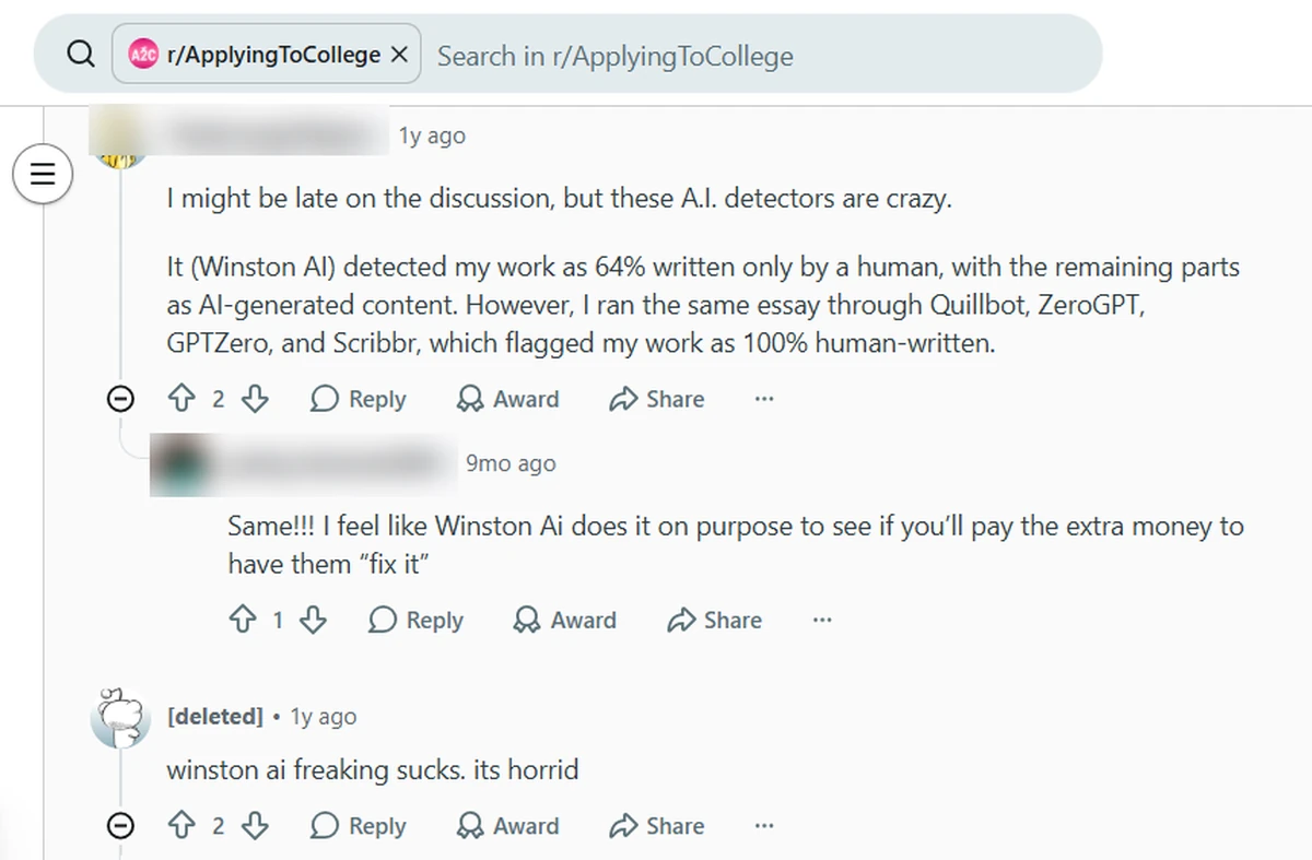 Reddit comments where a student says Winston AI gave 64% human while other detectors gave 100% human