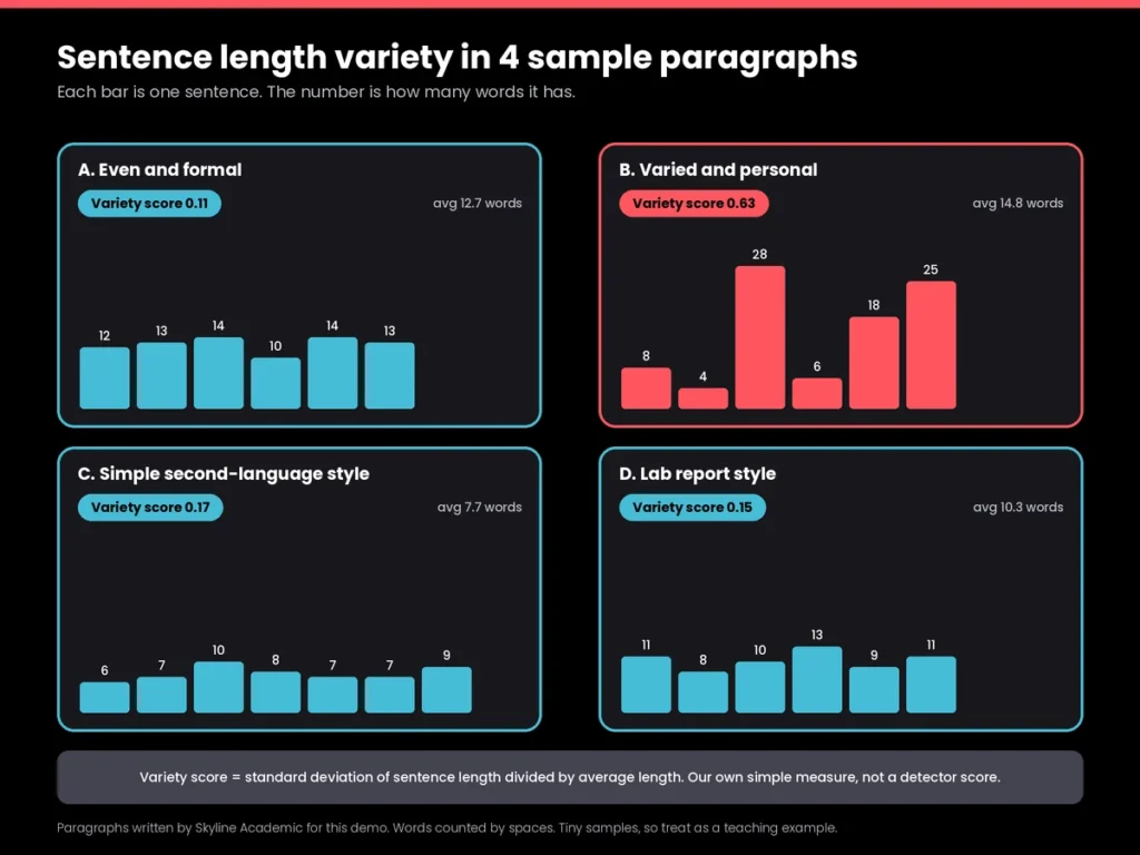 Bar charts of sentence lengths in four sample paragraphs with variety scores of 0.11, 0.63, 0.17 and 0.15