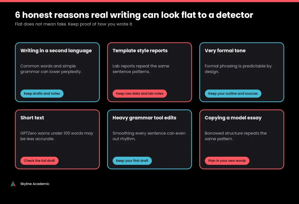 Six reasons honest student writing can look flat to AI detectors, with what to keep as proof for each