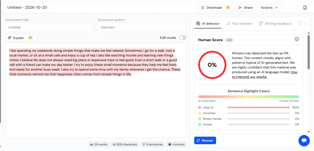 Winston AI screenshot scoring a 124 word weekend paragraph as 0% human