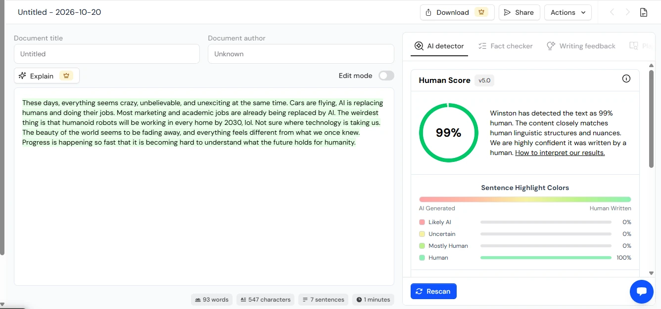 Winston AI screenshot scoring a lightly reworded version of the same paragraph as 99% human