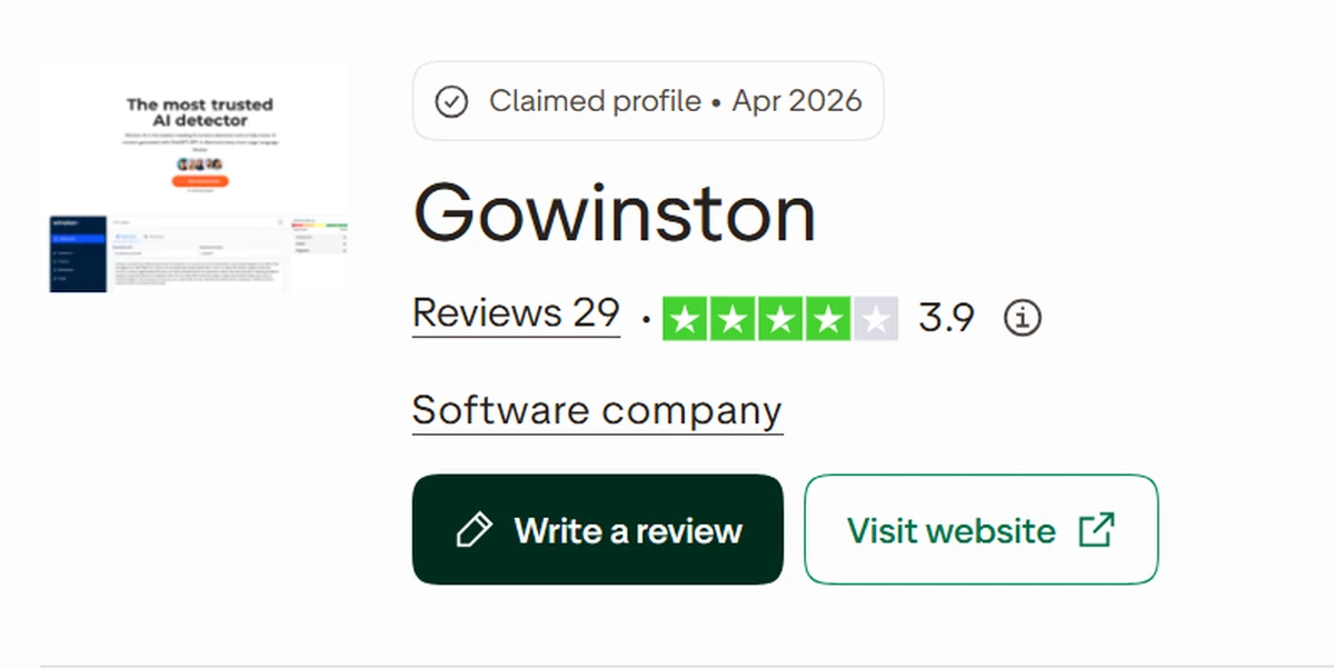 Trustpilot page for Gowinston showing a 3.9 star rating from 29 reviews and a claimed profile